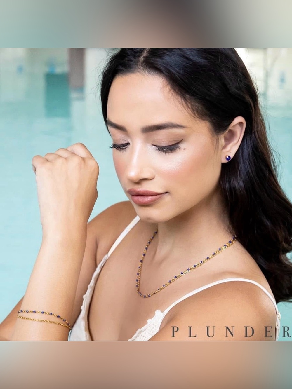 Plunder Gold Layered Necklace with Blue Sapphire Colored Beads 3 Piece Set - Picture 5 of 10
